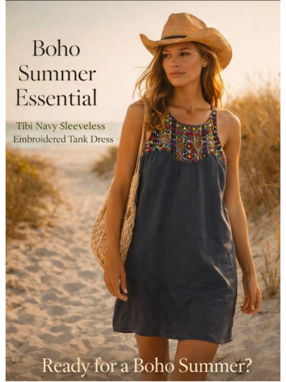 Tibi Embroidered Shift Dress Navy Sleeveless Boho Resort Summer Dress Size 4